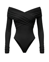Black off-shoulder long-sleeve bodysuit with crossover draped front, flat-lay front view – Moriel Heritage
