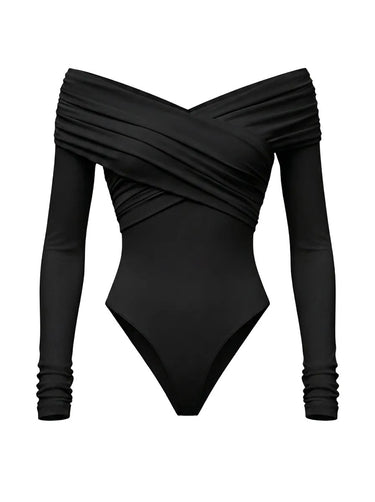 Black off-shoulder long-sleeve bodysuit with crossover draped front, flat-lay front view – Moriel Heritage