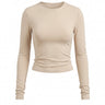 Beige fitted long-sleeve crew-neck top with ruched cuffs, flat-lay front view – Moriel Heritage