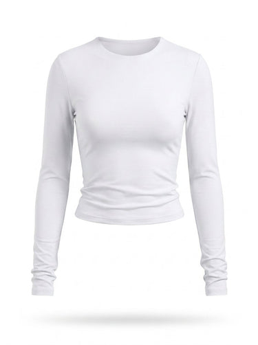 White fitted long-sleeve crew-neck top with ruched cuffs, flat-lay front view – Moriel Heritage