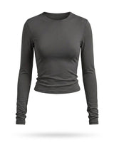 Dark grey fitted long-sleeve crew-neck top with ruched cuffs, flat-lay front view – Moriel Heritage