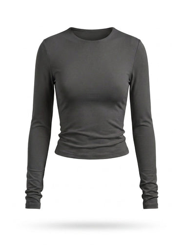 Dark grey fitted long-sleeve crew-neck top with ruched cuffs, flat-lay front view – Moriel Heritage