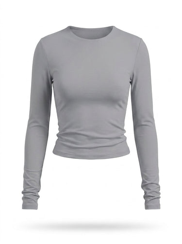 Light grey fitted long-sleeve crew-neck top with ruched cuffs, flat-lay front view – Moriel Heritage
