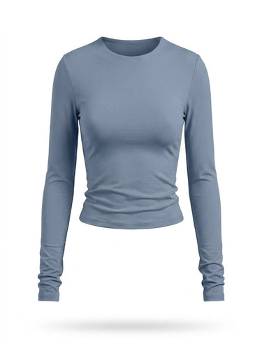 Dusty blue fitted long-sleeve crew-neck top with ruched cuffs, flat-lay front view – Moriel Heritage
