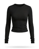 Black fitted long-sleeve crew-neck top with ruched cuffs, flat-lay front view – Moriel Heritage