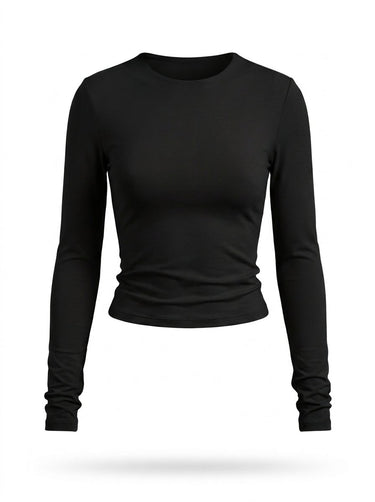 Black fitted long-sleeve crew-neck top with ruched cuffs, flat-lay front view – Moriel Heritage