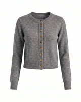 Short Knitted Cardigan in gray — button-front knit cardigan, product flat-lay