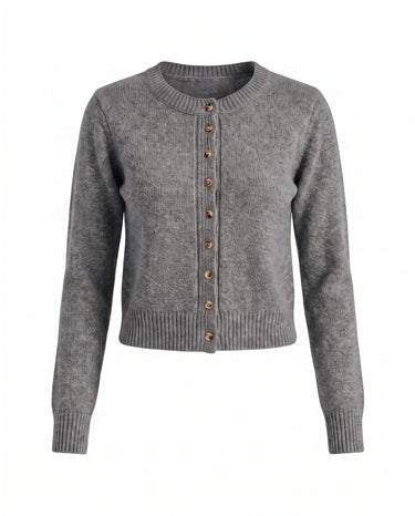 Short Knitted Cardigan in gray — button-front knit cardigan, product flat-lay