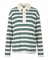 Stripe Long Sleeve Polo in green — relaxed striped rugby polo with a cream collar and placket, flat-lay