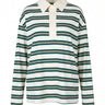 Stripe Long Sleeve Polo in green — relaxed striped rugby polo with a cream collar and placket, flat-lay