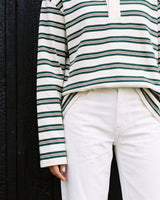 Stripe Long Sleeve Polo in green — cropped view showing the long sleeves and straight hem