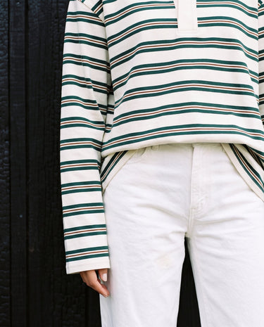 Stripe Long Sleeve Polo in green — cropped view showing the long sleeves and straight hem