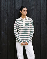 Stripe Long Sleeve Polo in green — full-length front view on model