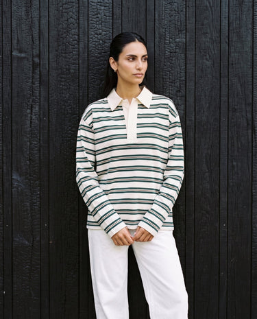 Stripe Long Sleeve Polo in green — full-length front view on model