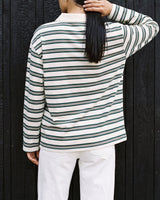 Stripe Long Sleeve Polo in green — back view on model showing the striped body