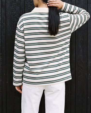 Stripe Long Sleeve Polo in green — back view on model showing the striped body