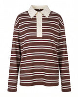 Stripe Long Sleeve Polo in brown — striped rugby polo with a cream collar and placket, flat-lay