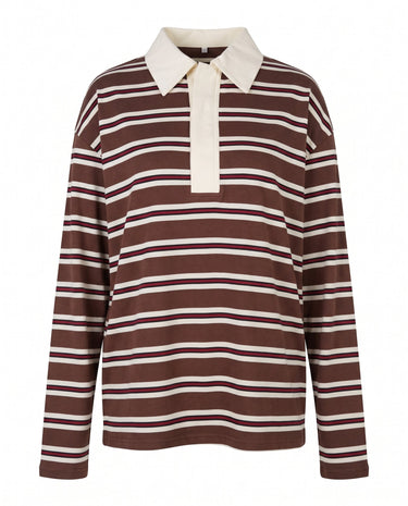 Stripe Long Sleeve Polo in brown — striped rugby polo with a cream collar and placket, flat-lay