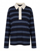 Stripe Long Sleeve Polo in blue — navy striped rugby polo with a cream collar and placket, flat-lay