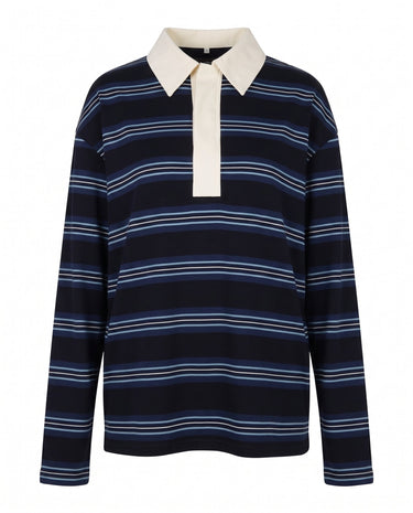 Stripe Long Sleeve Polo in blue — navy striped rugby polo with a cream collar and placket, flat-lay