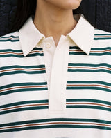 Stripe Long Sleeve Polo in green — close-up of the cream collar, placket and green and rust stripes