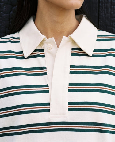 Stripe Long Sleeve Polo in green — close-up of the cream collar, placket and green and rust stripes