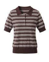Stripe Short Sleeve Polo in cocoa — fine-knit striped polo with a solid collar and ribbed hem, flat-lay