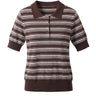 Stripe Short Sleeve Polo in cocoa — fine-knit striped polo with a solid collar and ribbed hem, flat-lay