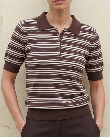 Stripe Short Sleeve Polo in cocoa — front view on model, styled with cocoa trousers