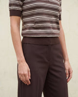 Stripe Short Sleeve Polo in cocoa — cropped view showing the ribbed hem and short sleeves