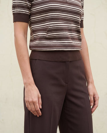 Stripe Short Sleeve Polo in cocoa — cropped view showing the ribbed hem and short sleeves