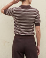 Stripe Short Sleeve Polo in cocoa — back view on model showing the striped knit