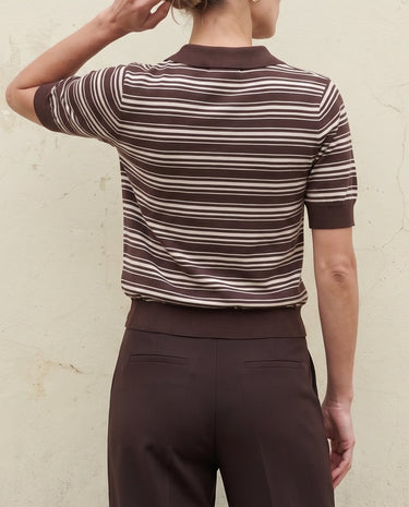 Stripe Short Sleeve Polo in cocoa — back view on model showing the striped knit