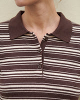 Stripe Short Sleeve Polo in cocoa — close-up of the solid collar and three-button placket