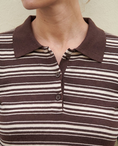 Stripe Short Sleeve Polo in cocoa — close-up of the solid collar and three-button placket