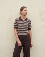 Stripe Short Sleeve Polo in cocoa — three-quarter front view on model