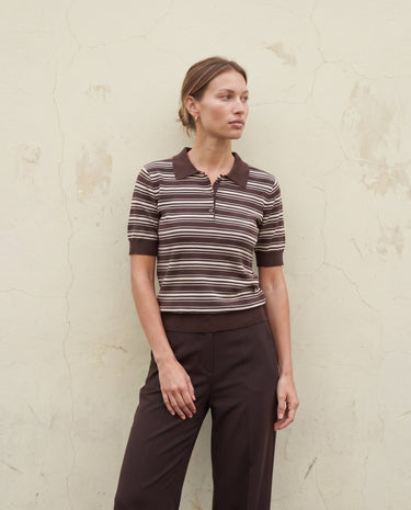 Stripe Short Sleeve Polo in cocoa — three-quarter front view on model