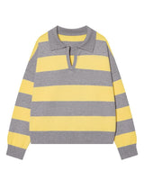 Striped Knit Polo Sweater in Butter & Grey — yellow and grey stripes with grey collar, flat product shot