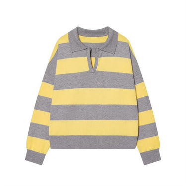 Striped Knit Polo Sweater in Butter & Grey — yellow and grey stripes with grey collar, flat product shot