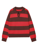 Striped Knit Polo Sweater in Cherry & Cocoa — red and brown stripes with matching collar, flat product shot