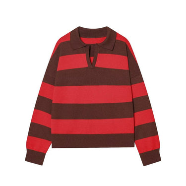 Striped Knit Polo Sweater in Cherry & Cocoa — red and brown stripes with matching collar, flat product shot