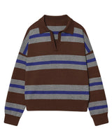 Striped Knit Polo Sweater in Cocoa & Cobalt — brown and grey stripes with cobalt trim, flat product shot