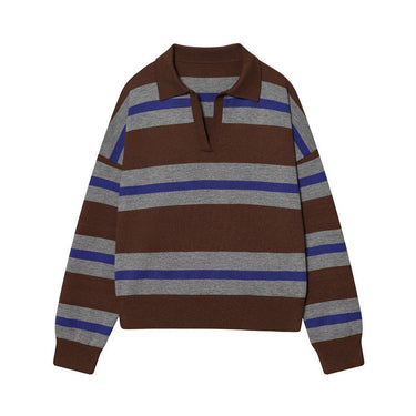 Striped Knit Polo Sweater in Cocoa & Cobalt — brown and grey stripes with cobalt trim, flat product shot