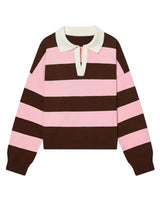 Striped Knit Polo Sweater in Pink & Cocoa — pink and chocolate stripes with cream collar, flat product shot