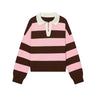 Striped Knit Polo Sweater in Pink & Cocoa — pink and chocolate stripes with cream collar, flat product shot