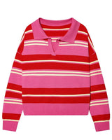 Striped Knit Polo Sweater in Raspberry Stripe — pink, red and cream stripes with pink collar, flat product shot