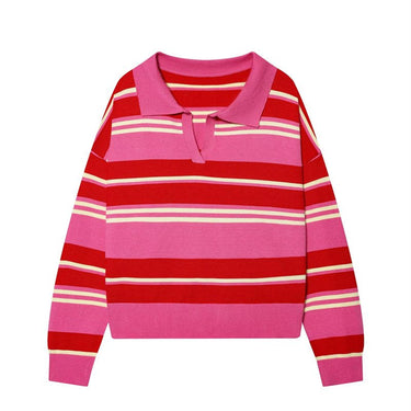 Striped Knit Polo Sweater in Raspberry Stripe — pink, red and cream stripes with pink collar, flat product shot