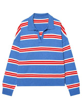 Striped Knit Polo Sweater in Riviera Blue — blue with red and white stripes, flat product shot
