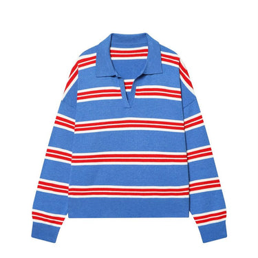 Striped Knit Polo Sweater in Riviera Blue — blue with red and white stripes, flat product shot