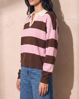 Striped Knit Polo Sweater in pink and cocoa — side view showing relaxed drop-shoulder silhouette